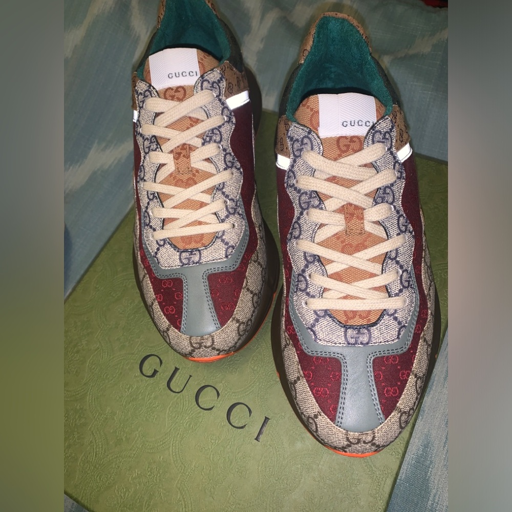 Men's GG Rhyton Low Top Canvas and Leather Sneakers - Picture 1 of 7